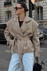 Khaki Lapel Belted Slim Long Sleeve Trench Coat