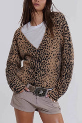 Retro Leopard Print V Neck Soft Brushed Loose Cardigan