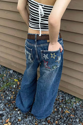 Oversized Washed Star Embroidered Wide Leg Jeans