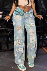Floral Graffiti Distressed High Waist Loose Straight Jeans