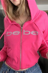 Y2K Retro Bebe Print Pink Rhinestone Hoodie