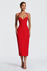 Solid Halter Neck Tie Back Midi Party Dress