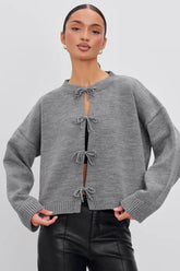 Casual Solid Loose Tie Waist Knit Cardigan