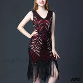 1920S Retro Tassel Prom Sequin Dance Double V Neck Sleeveless Beaded Small Flapper Gatsby Vestidos