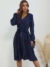 V-neck pleated Blue Polka Dot Dress
