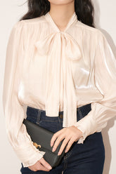 Shiny Ribbon-Tie Elegant Romantic Blouse