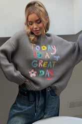 Casual Embroidered Letter Relaxed Fit Knit Sweater