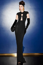 Black Mesh Cutout Slim Vintage Evening Party Dress