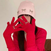 Vintage Red Wool Rabbit Full Finger Mittens For Winter Warmth Gloves-L