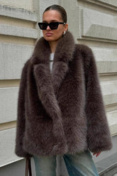 Brown Faux Fox Fur Wide Collar Mid-Length Fluffy Coat