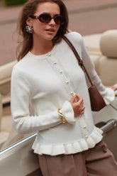 Crew Neck Layered Trim Long Sleeve Casual Knit Cardigan