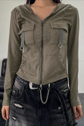 Cargo Pocket Panel Zip-Up Cropped Hoodie
