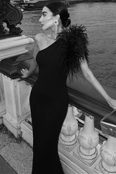 Solid Color One-Shoulder Feather Panel Slim Maxi Party Dress