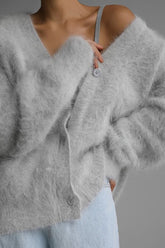 Solid V Neck Soft Mink Fleece Loose Knit Cardigan