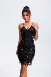 Brand Sequin Tassel Rhinestone V-Neck Sleeveless Party Dress