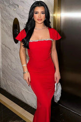 Bandage Water Drill Square Neck Party Dress