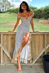 Sexy Off Shoulder Ruffled High Slit Spaghetti Strap Party Dress
