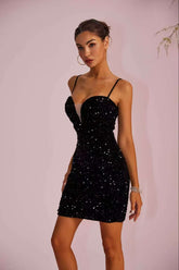 Spaghetti Strap Sequin Paneled Sheer Slit Party Dress