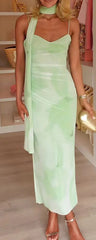 Printed Scarf Backless Sling Midi Dress