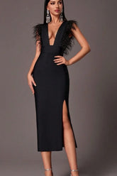 High-End Deep V Feather Bandage Bodycon Party Dress