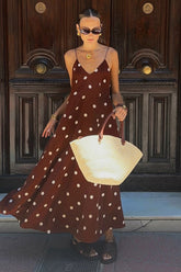 Polka Dot V Neck Open Back Loose Maxi Slip Dress
