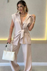 Tie Waist Short Sleeve High Waist Two Piece Work Set