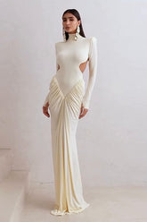 Long-Sleeve Ruched Color-Block Cutout Waist Slim Party Dress