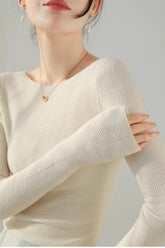 Chic White Boat Neck Fine Wool Long Sleeve Base Layer