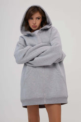 Solid Color Oversize Long - Sleeve Zip - Up Hoodie