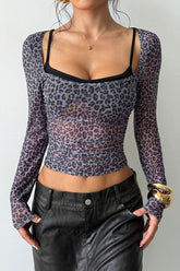 Leopard Print Fake Two-Piece Slim Long-Sleeve Blouse