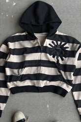 Striped Eye Applique Cropped Zip Hoodie