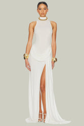 High Neck Ruched Side Slit Formal Dress