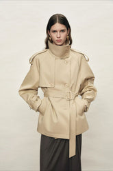 High Collar Storm Flap Belted Short Coat