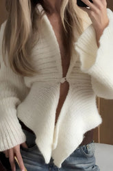 Solid Retro V Neck Asymmetric Hem Knit Cardigan