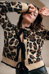 Leopard Print Loose Slouchy Drawstring Knit Cardigan