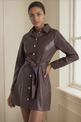 Faux Leather Belted Mid-Length Long Sleeve Trench Coat