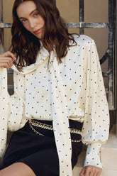 Polka Dot Collared Tie-Up Slim Chic Blouse