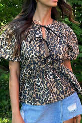 Leopard Print Cinched Lantern-Sleeve Slim Blouse
