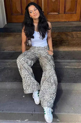 Low-Rise Wide-Leg Faded Leopard Print Baggy Jeans