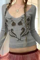 Retro Heart Floral Slouchy V-Neck Sweater