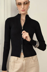 Two - Way Zipper Stand Collar Slim Long Sleeve Thermal Knit Cardigan