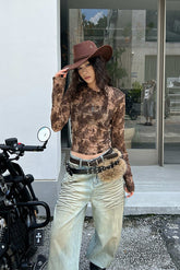 Leopard Print Flocked Slim Long-Sleeve Blouse