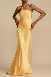 Asymmetrical Shoulder Slim Satin Party Dress