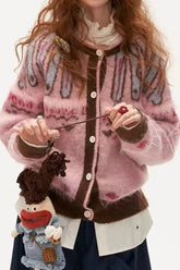 Pink Fair Isle Retro Slouchy Soft Knit Cardigan