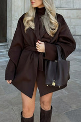 Dark Brown Short Loose Tie Waist Elegant Wool Coat