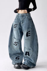 Relaxed Fit Letter Print Draping Curved Leg Jeans