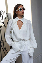 Collared Long-Sleeve Loose Elegant Blouse