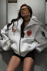 Oversized Zip-Up Logo Letter Print Hoodie