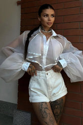 Sheer Lantern-Sleeve Collared Ruffled Blouse