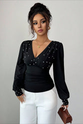 Pearl Studded Wrap V Neck Blouse